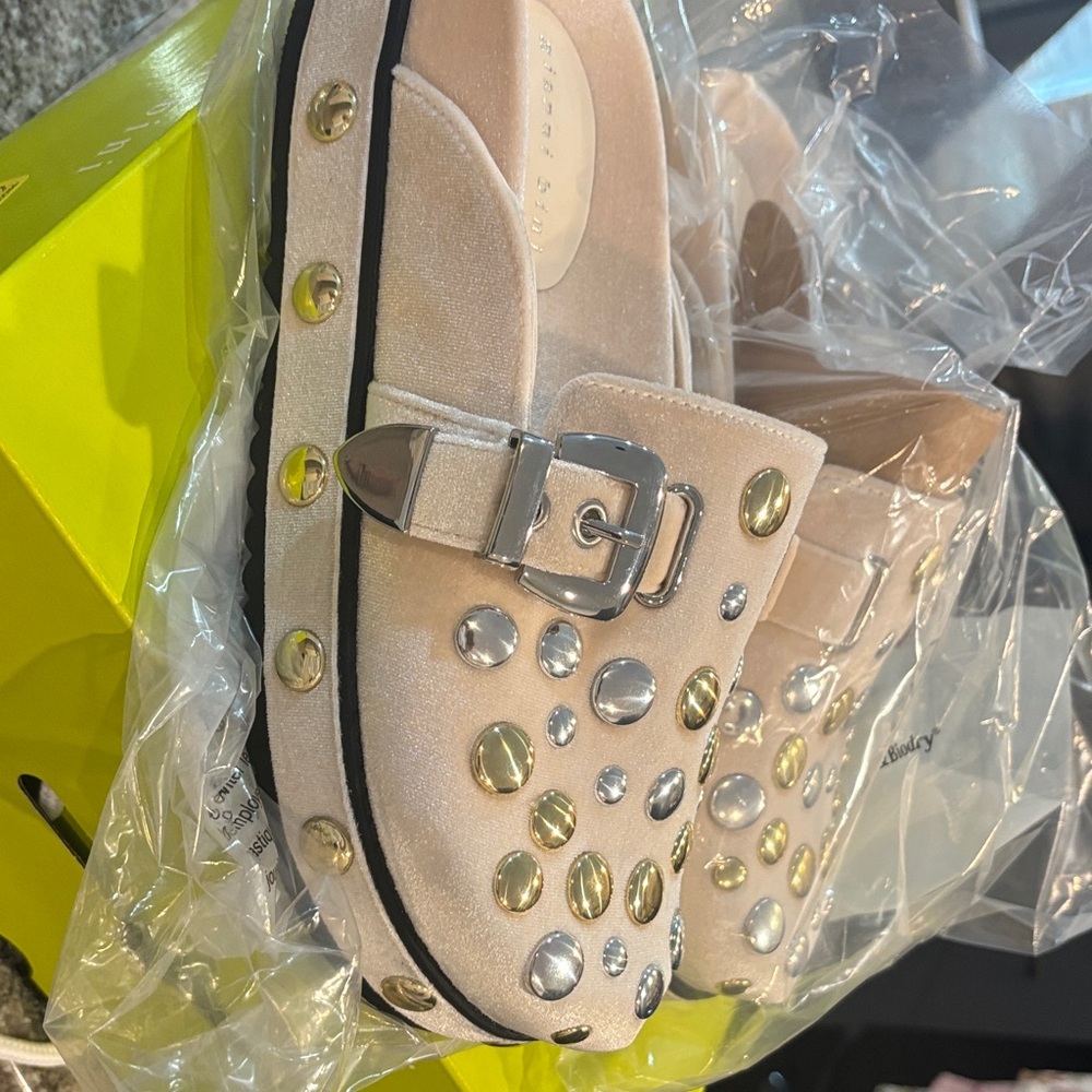 Gianni Bini Blush Suede Studded Buckle Mule